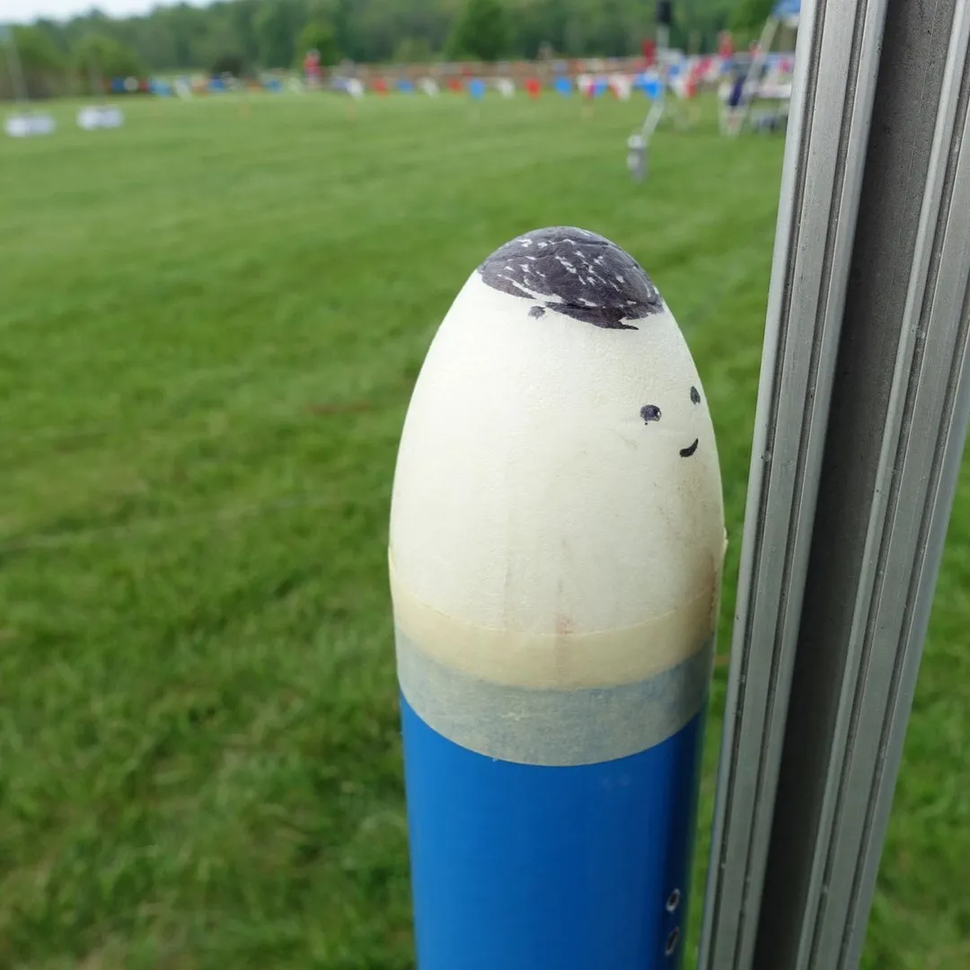 A raw egg with a smiley face riding in a rocket payload section